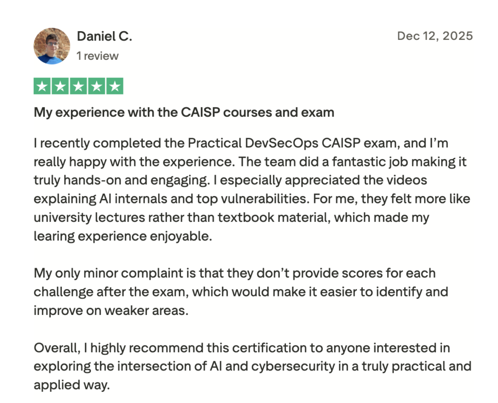 CAISP AI Security Certification Course testimonial from Daniel on Trustpilot platform
