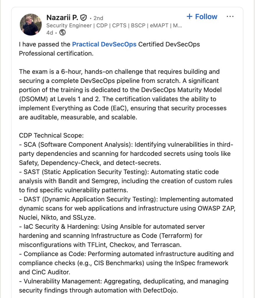 Nazarii-certified-devsecops-professional-course-student-review-2026
