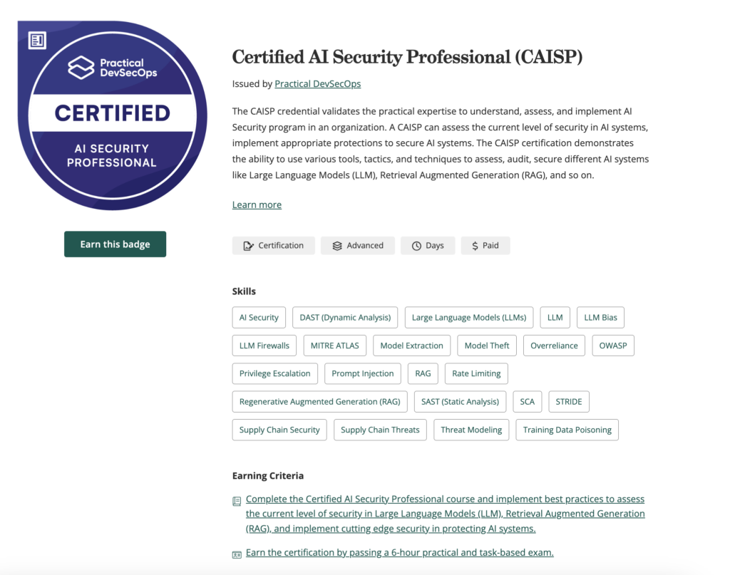 Verified Digital Badge of Certified AI Security Professional from Practical DevSecOps Issued by Crely Platform