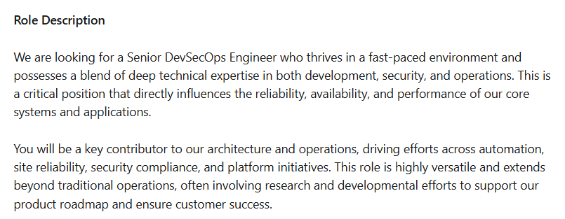 Senior DevSecOps Engineer Role Description 2026